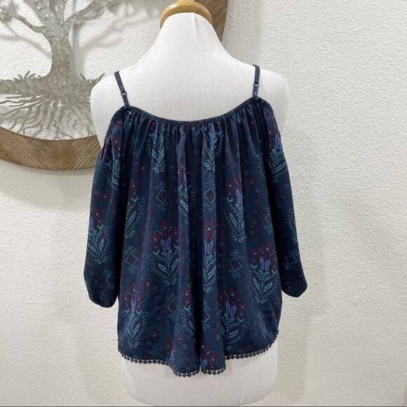 House of Harlow 1960 Boho Cold Shoulder Festival Top Navy Purple Large - Picture 5 of 7